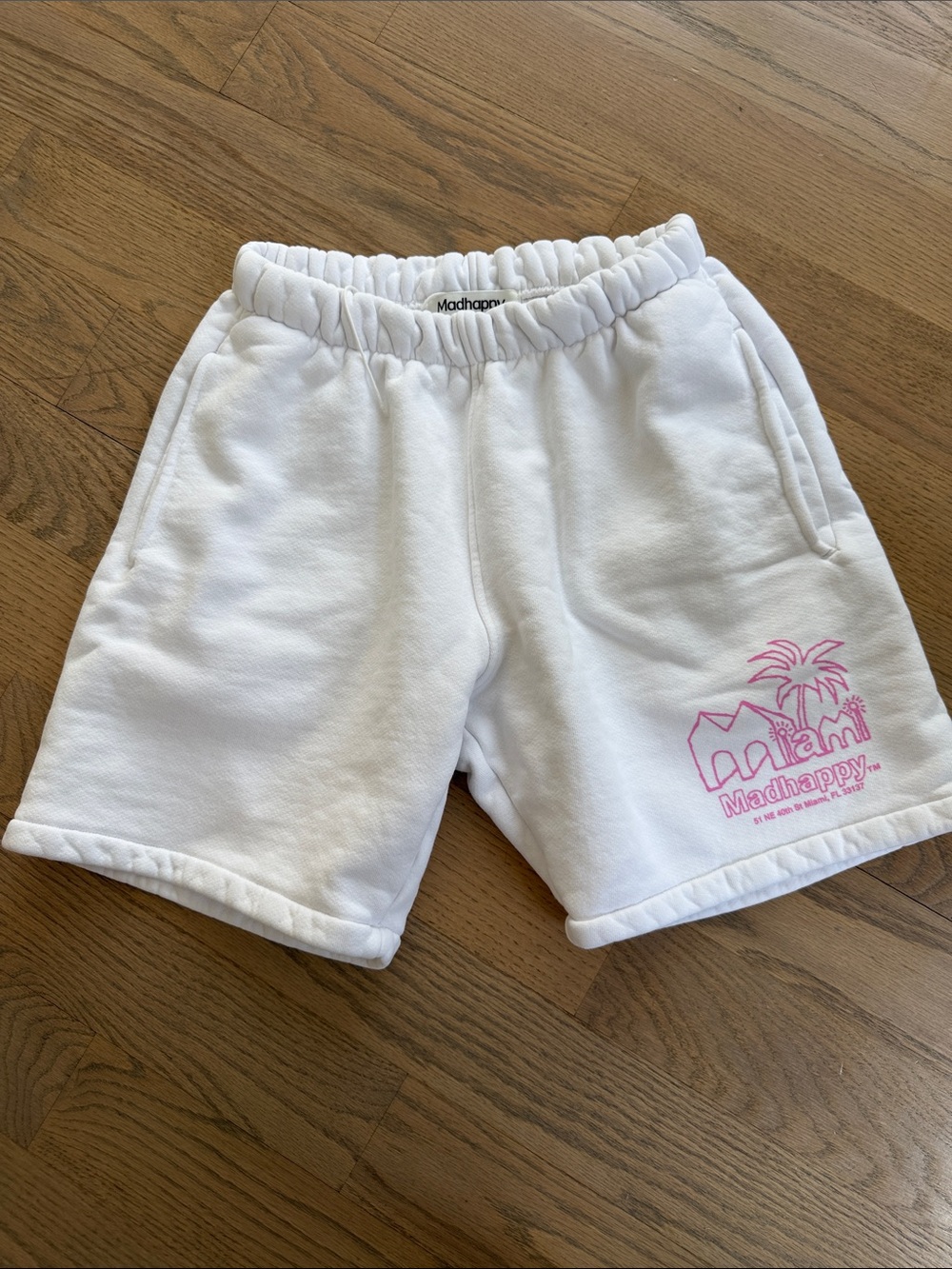 Madhappy White Sweat Shorts with Pink Miami Palm Logo